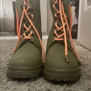Kids Olive Green Boots with Orange Laces